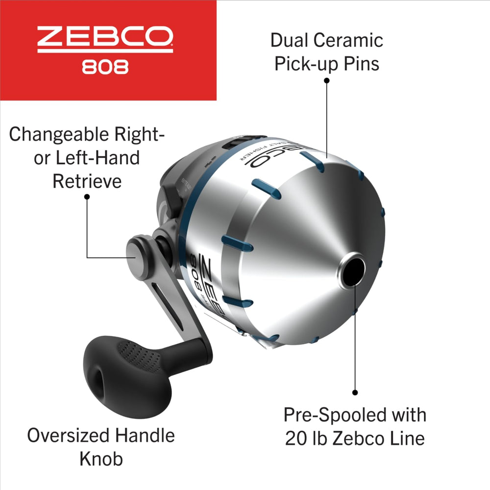 Zebco 808 ambidextrous retrieve reel with changeable left- or right-hand option.