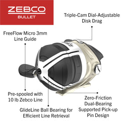 Zebco Bullet Mg spincast magnesium body close-up emphasizes lightweight feel.