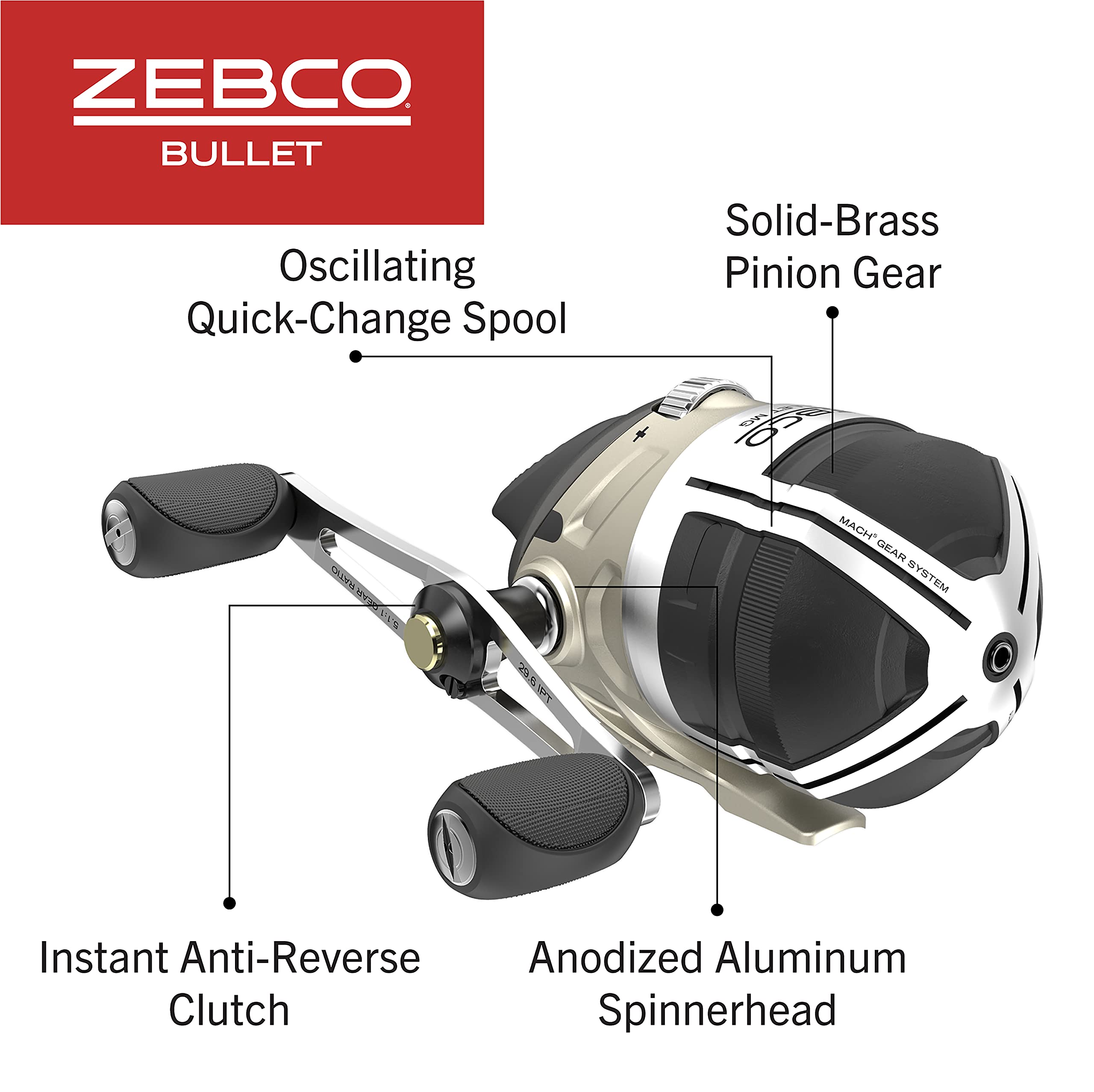 Zebco Bullet Mg spincast oversized handle highlights confident cranking power.