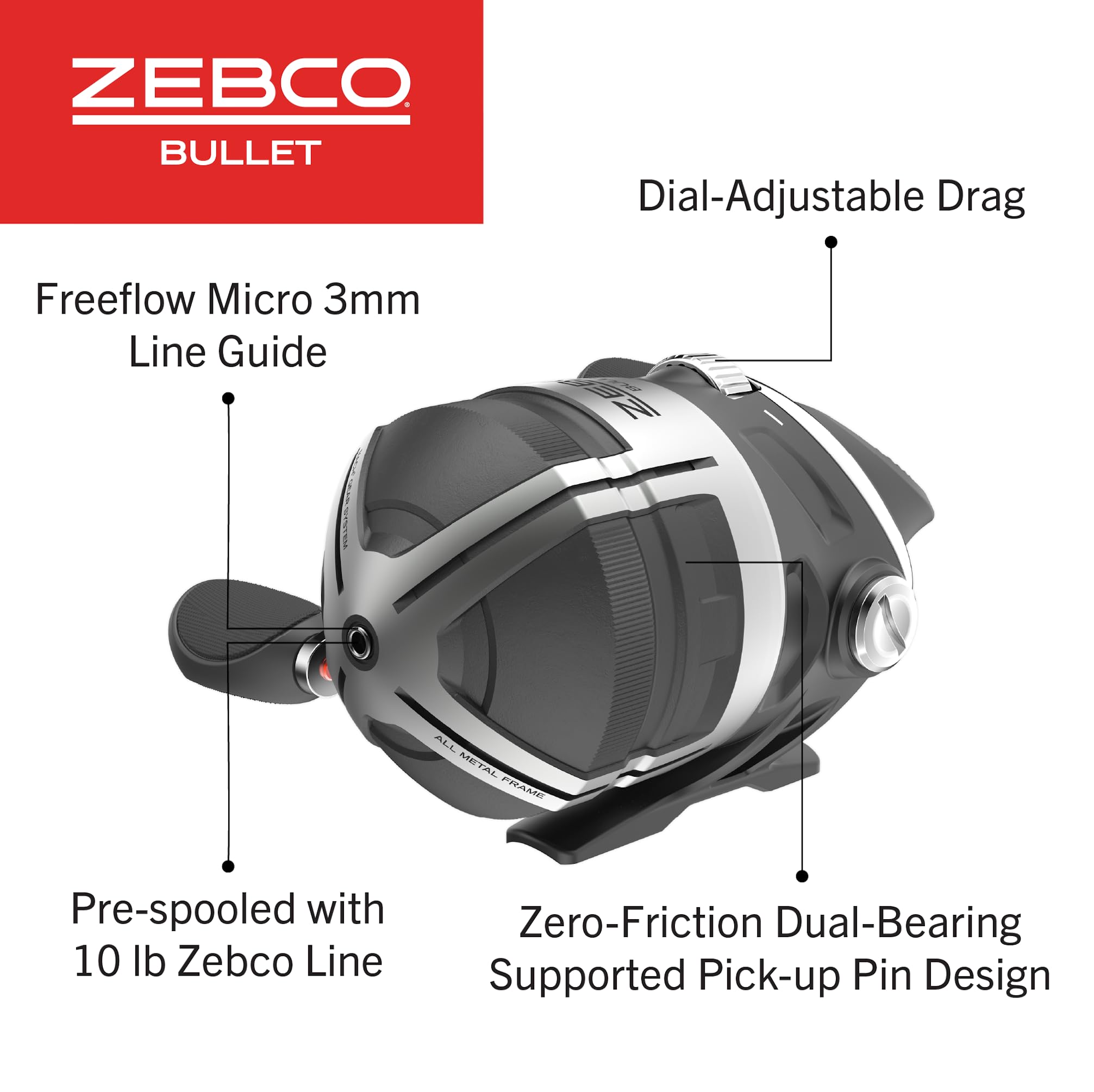 Zebco Bullet spincast mechanism detail emphasizes no-tangle design and smooth operation.