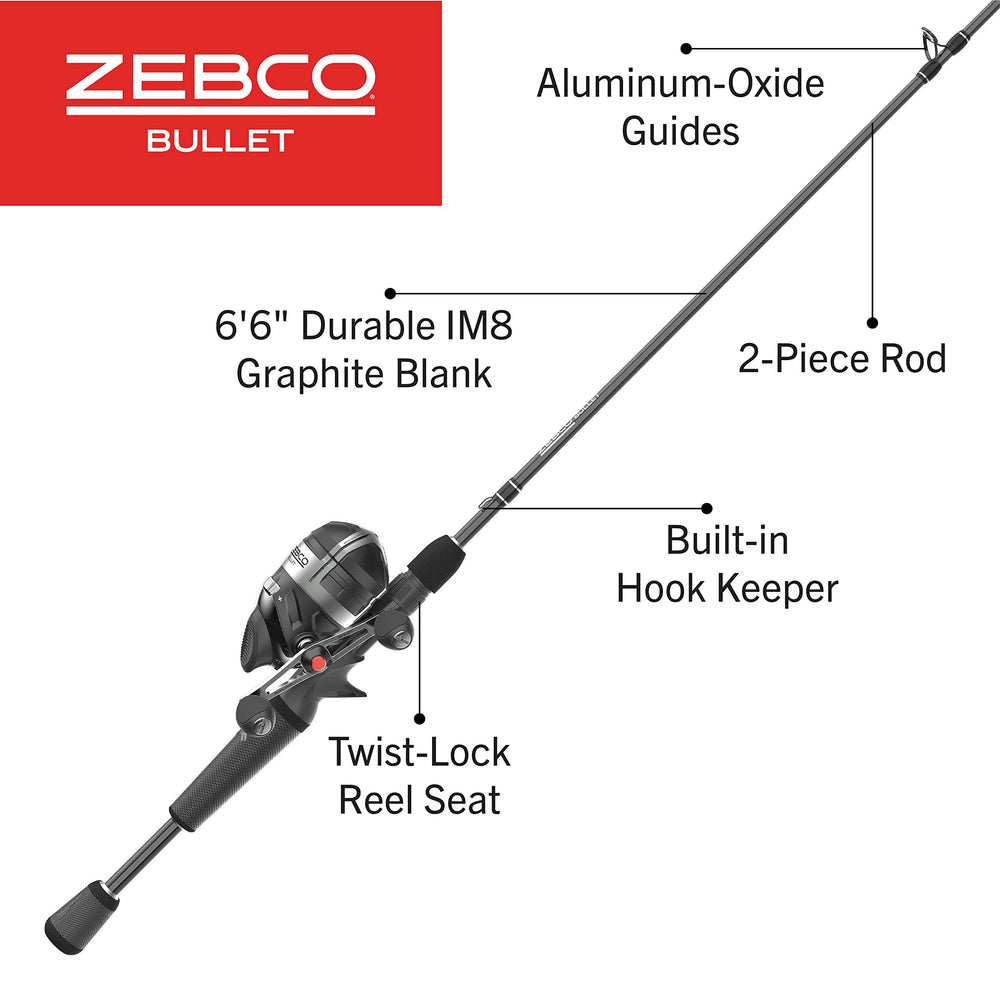 Zebco Bullet spincast reel side view showing compact black design and ease of use.