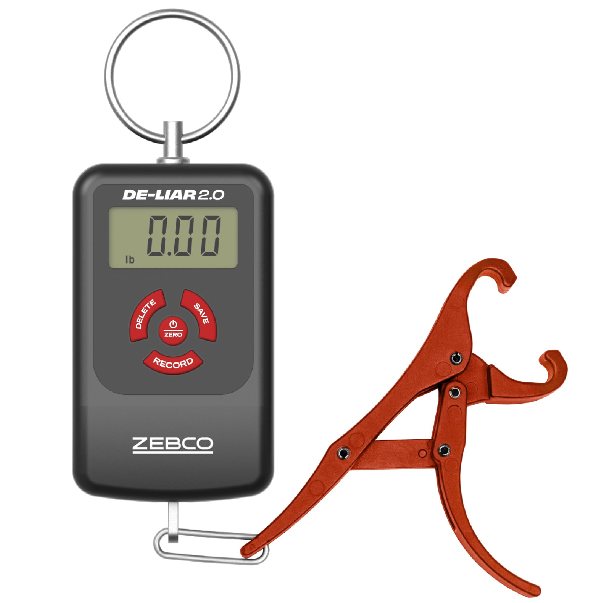 Front view of Zebco De-Liar 2.0 digital fish scale in black and red with 50 lb / 23 kg capacity.