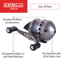 Zebco Delta 3SZ SC Reel 10 side view shows compact profile for easy casting and handling.