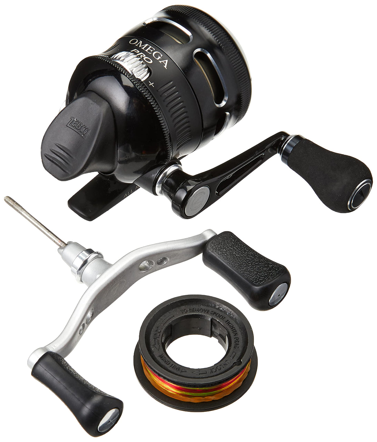 Zebco Omega Pro 3SZ SC reel 10lb line, size 30, black — front view