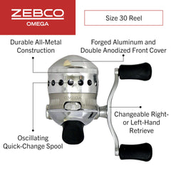 Zebco Omega spincast pre-spooled line shows ready-to-use setup for effortless fishing.