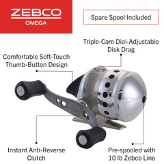 Zebco Omega spincast reel retrieves smoothly with left and right-hand options for versatility on the water.