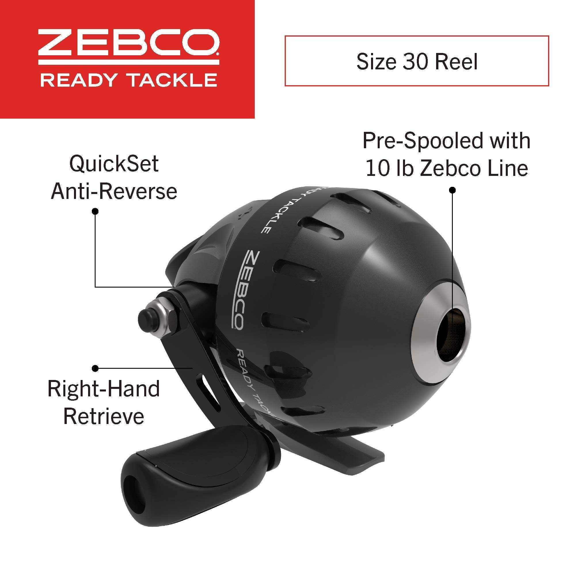 Zebco Ready Tackle size 30 reel right-hand retrieve enables comfortable one-handed control.