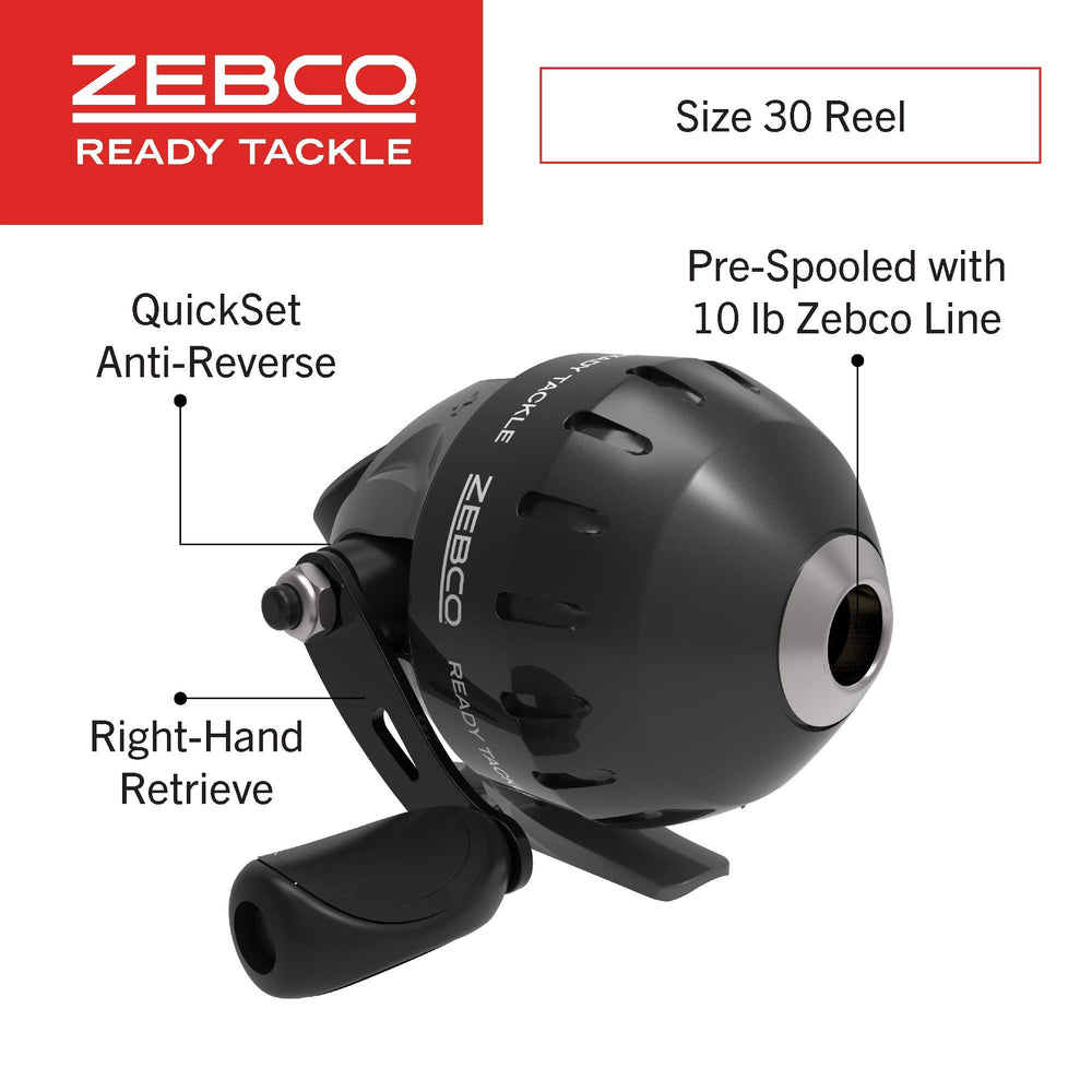 Zebco Ready Tackle size 30 reel right-hand retrieve enables comfortable one-handed control.