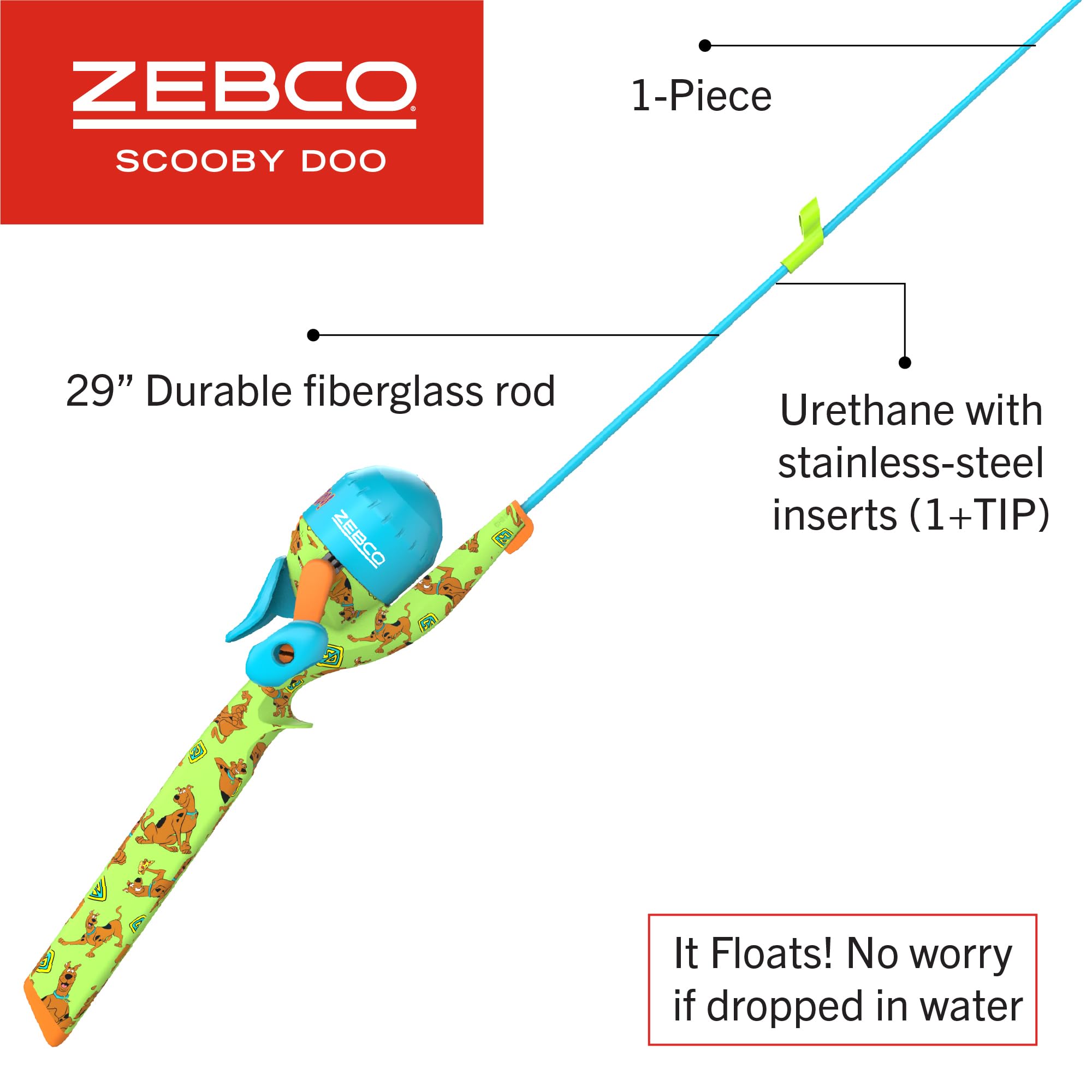 Zebco Scooby-Doo floating spincast combo, 29-inch fiberglass rod, beginner-friendly grip.