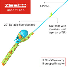 Zebco Scooby-Doo floating spincast combo, 29-inch fiberglass rod, beginner-friendly grip.