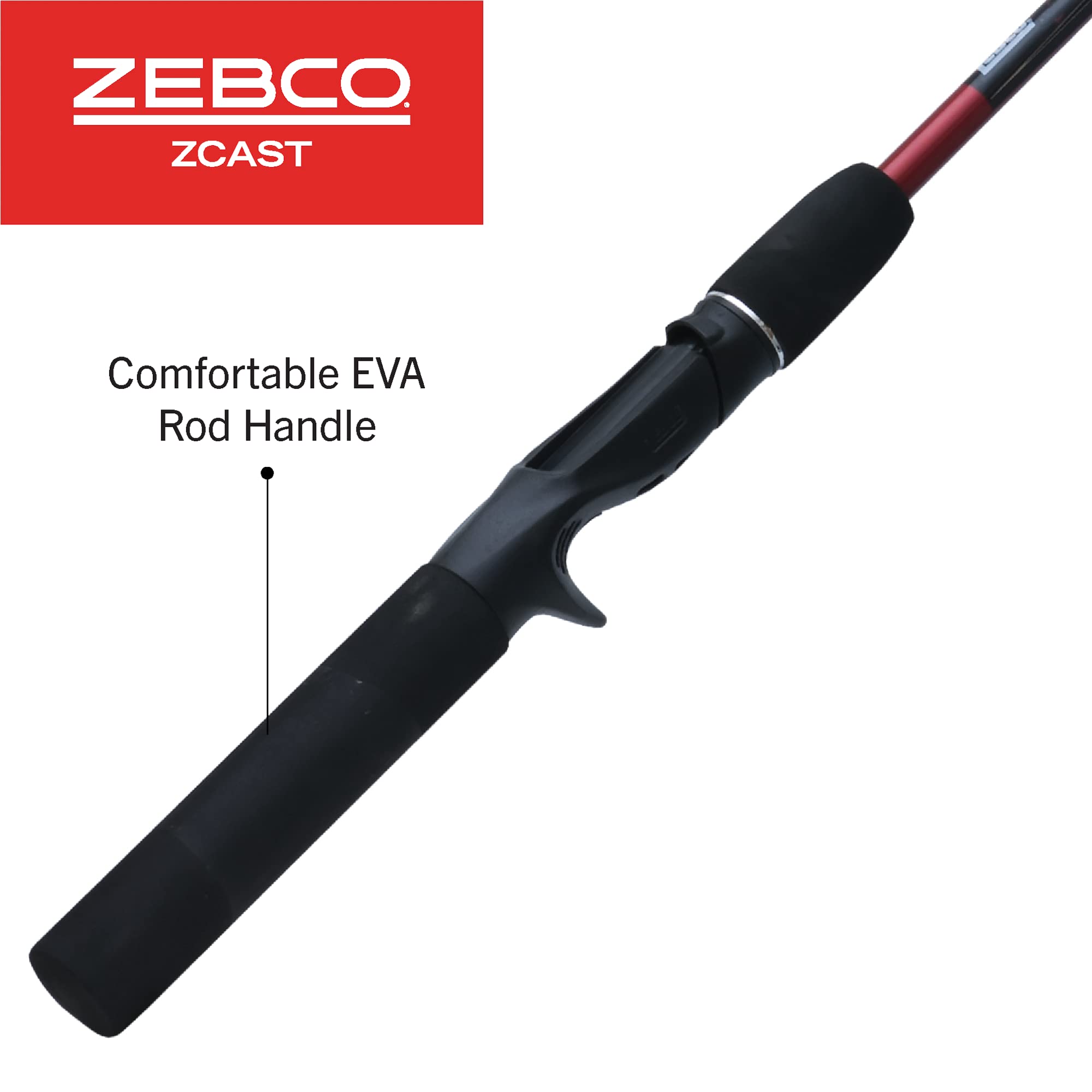 Zebco ZCAST side view highlights lightweight EVA handle for reduced fatigue.