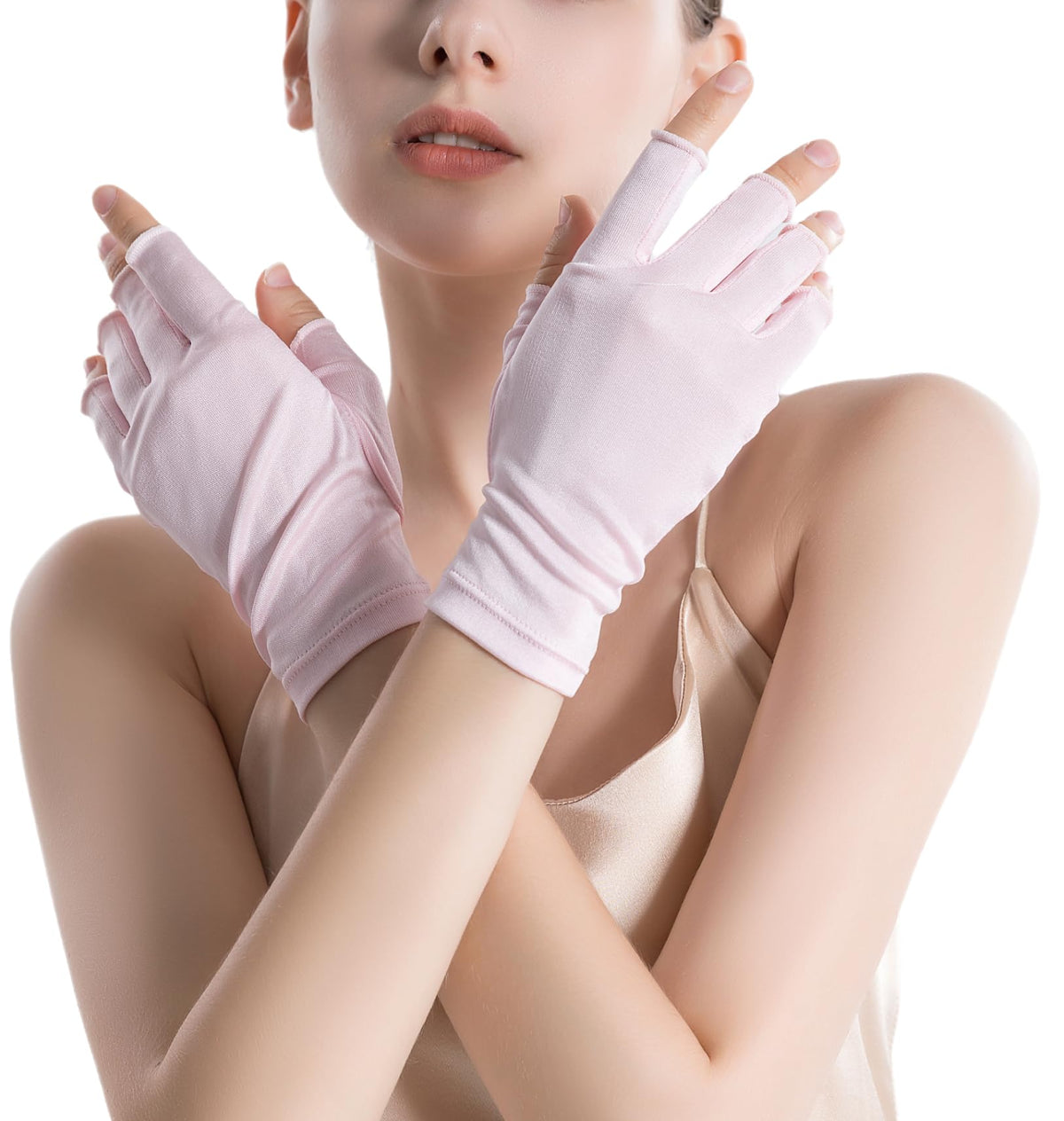ZEEREE silk half-finger gloves pink dual-pack packaging, ideal for travel sun protection