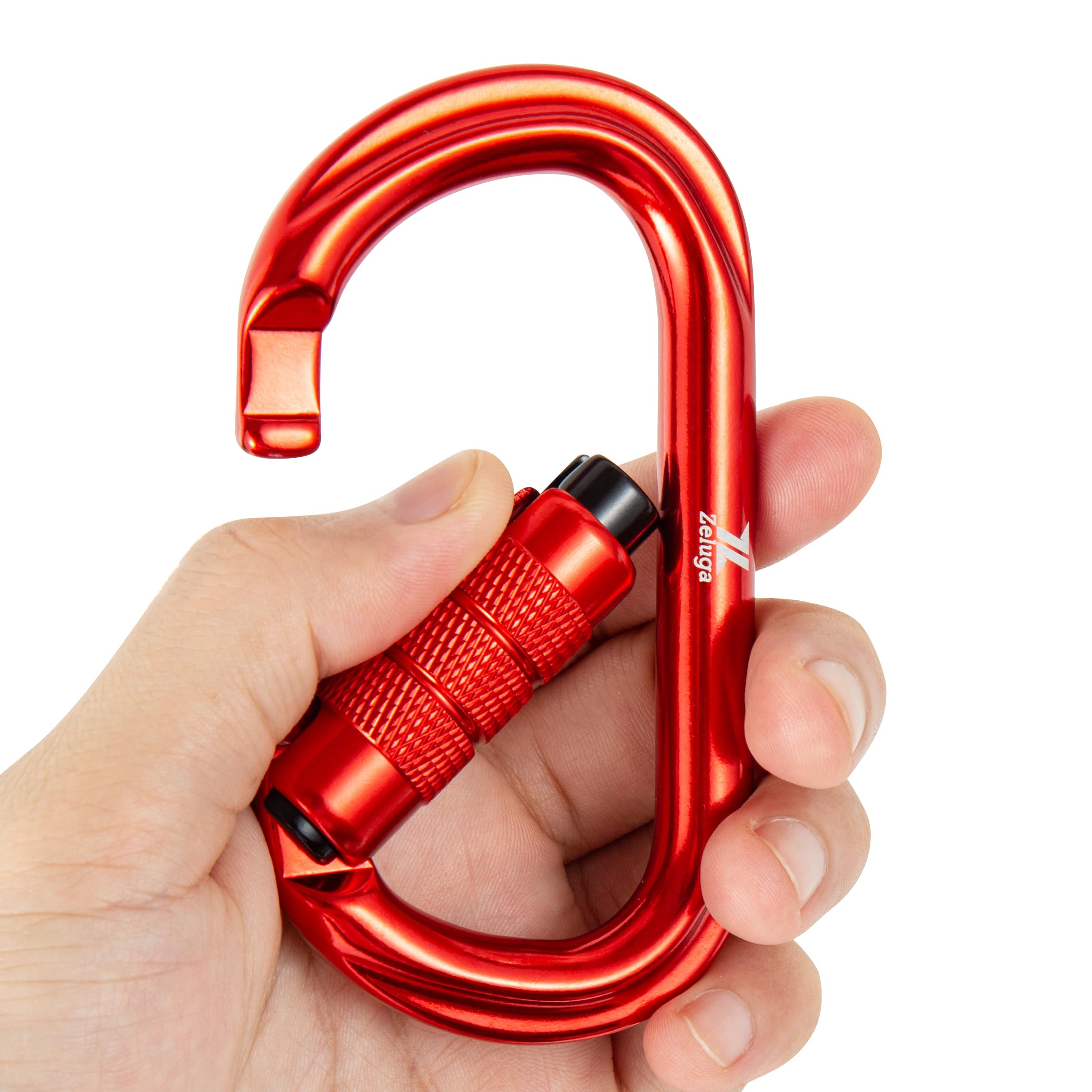 Zeluga camping carabiner attached to backpack for gear organization.