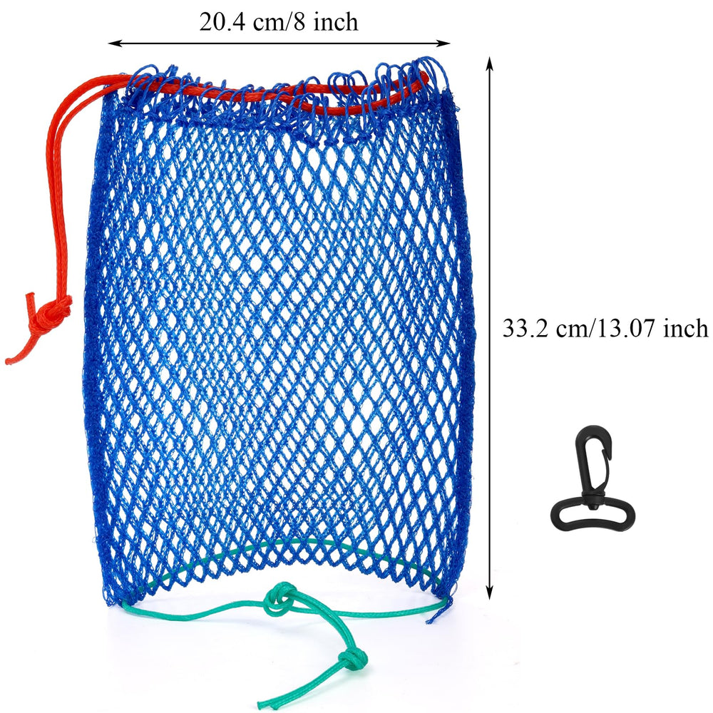 Close-up of blue crab trap bait bag showing braided mesh and polyethylene material