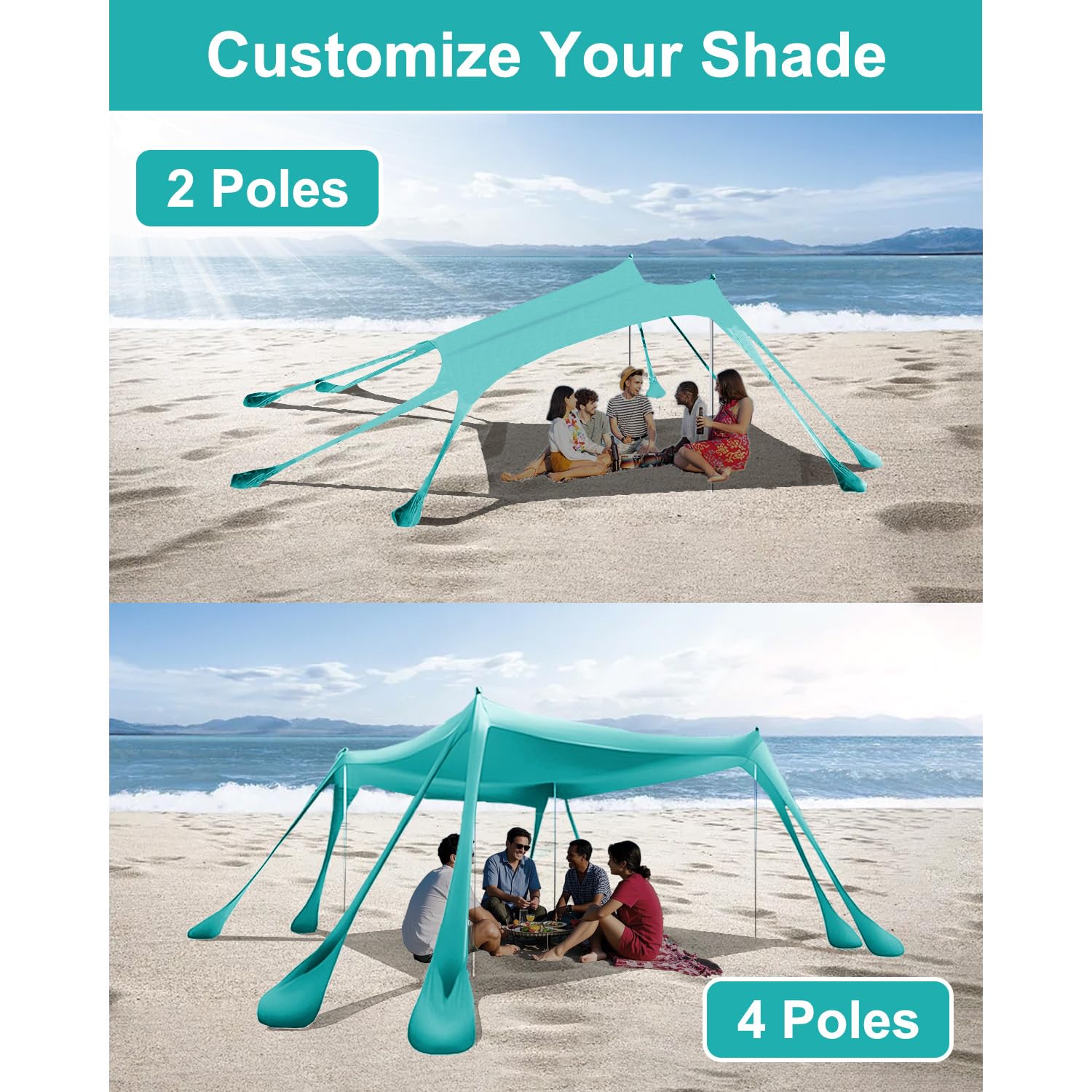 Zenicham Beach Tent 4-pole configuration offers flexible shade layout