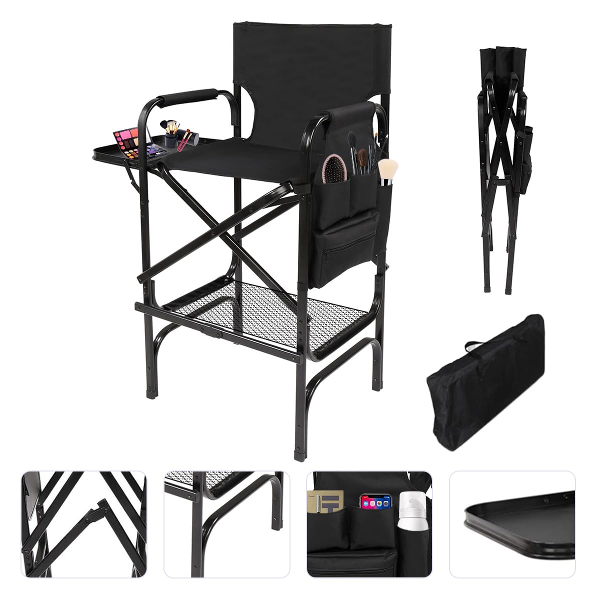 Zenicham folding makeup chair with side tables for organized on-site setups