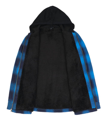 ZENTHACE mens sherpa-lined flannel shacket chest pocket detail with snap pockets.