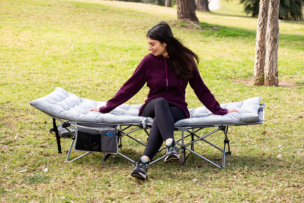 Zento Camping Cot Frame Detail highlights durable heavy-duty construction.