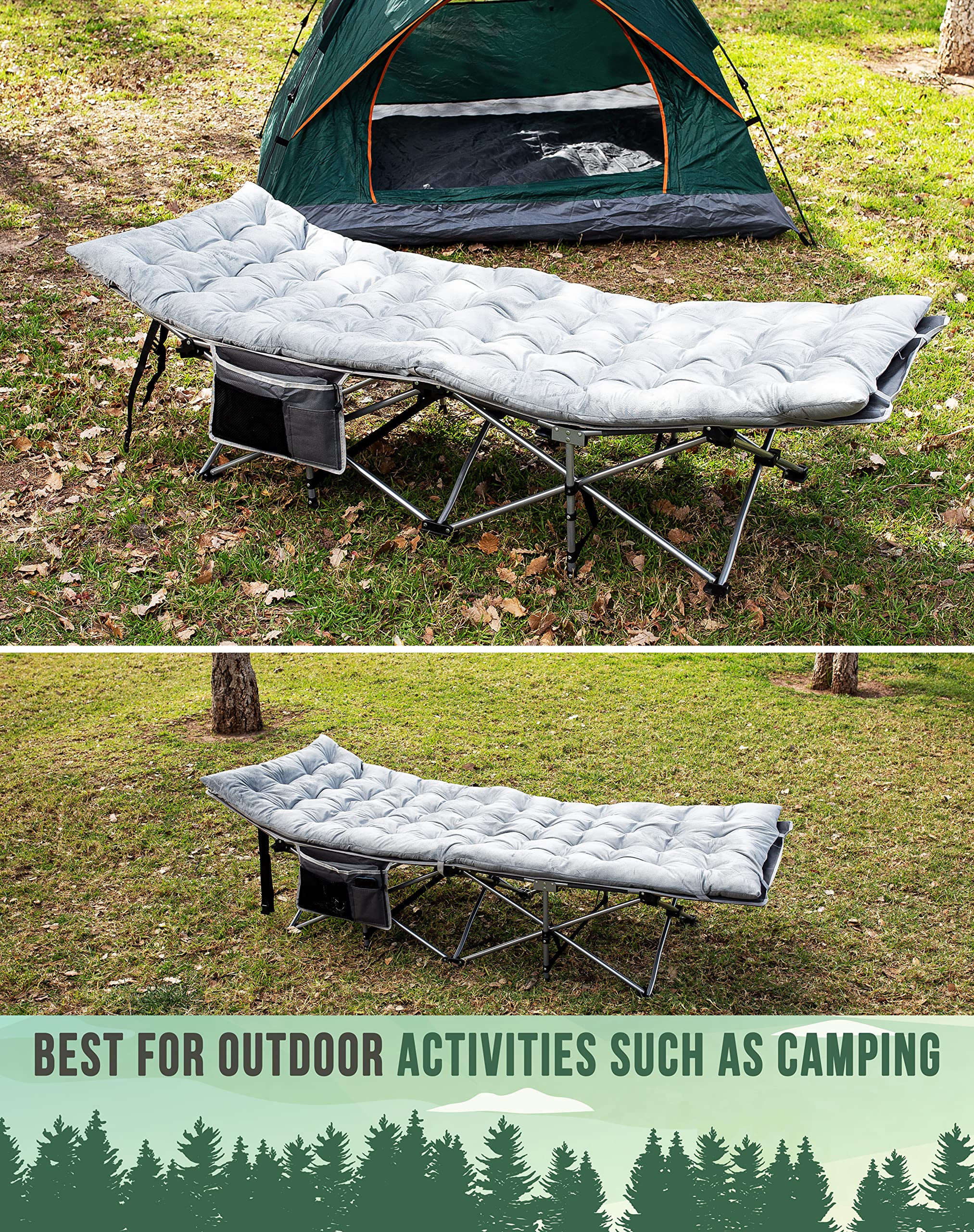 Zento Camping Cot on campsite provides ready sleeping spot for nights outdoors.
