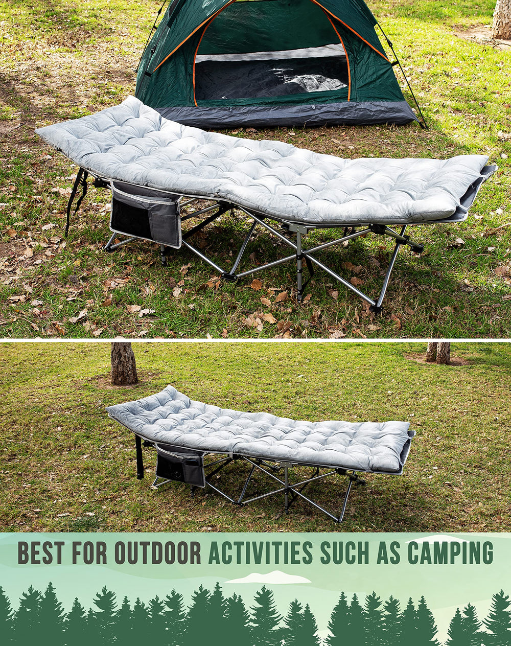 Zento Camping Cot on campsite provides ready sleeping spot for nights outdoors.