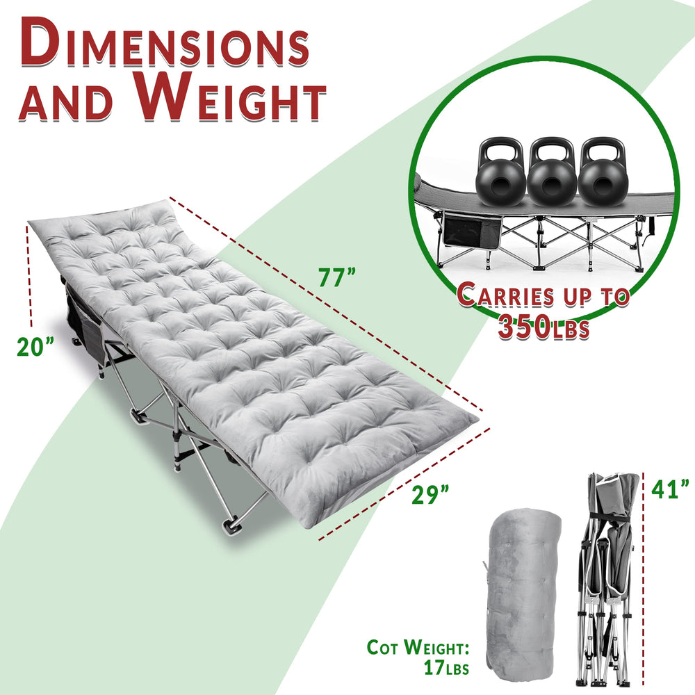 Zento Camping Cot with padded mattress offers comfortable nights outdoors.