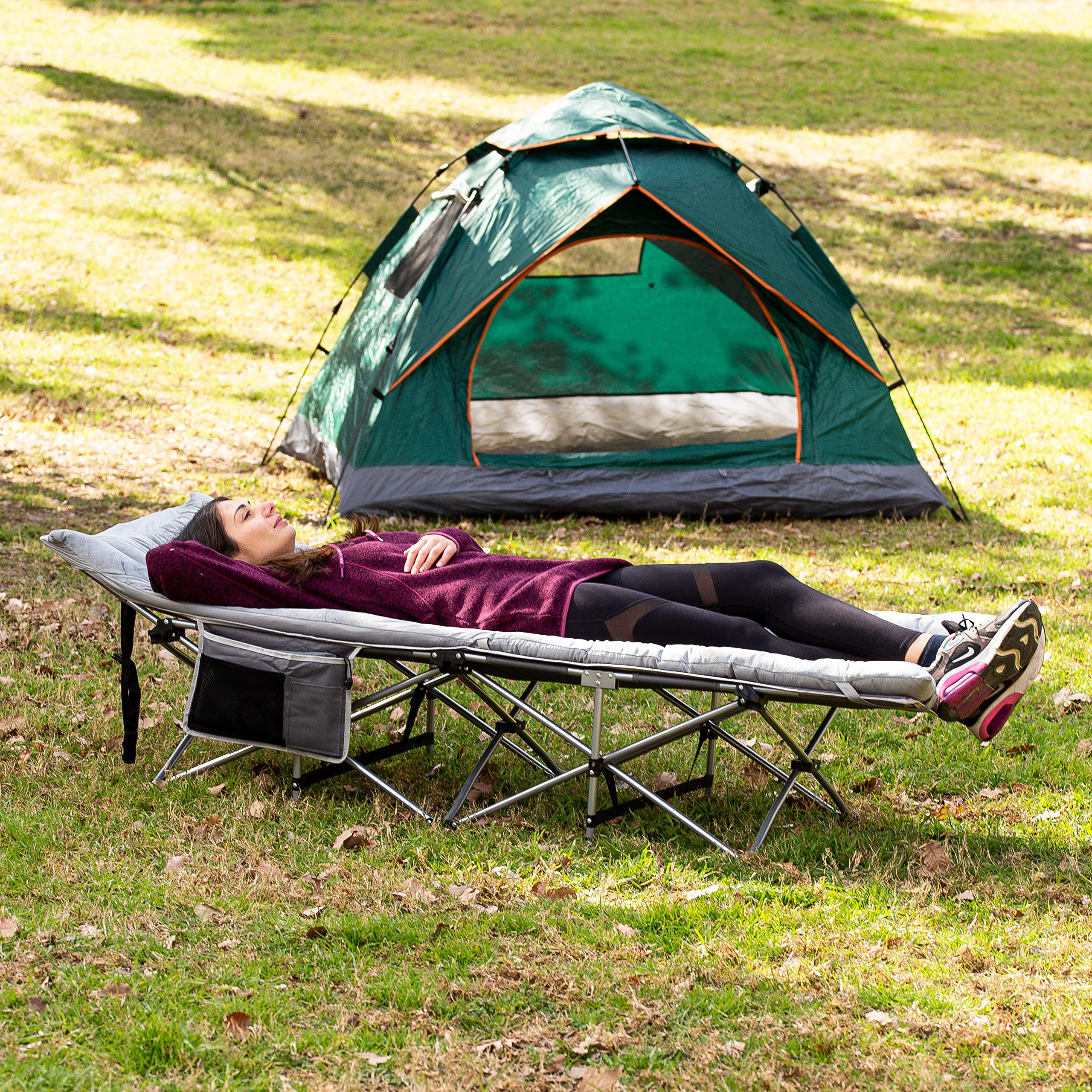 Zento Camping Cot side view shows slim profile and stability.
