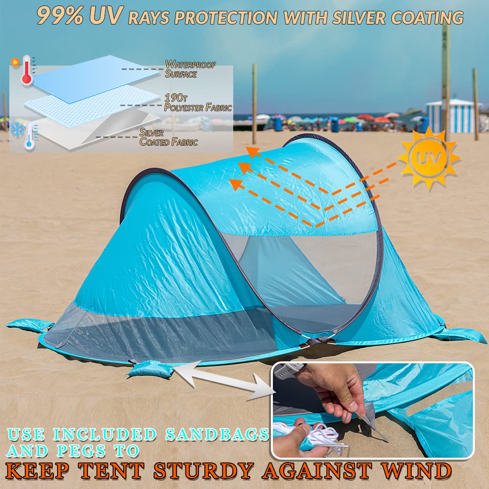 Zento Deals pop-up beach tent unfolded on a sandy beach for shade
