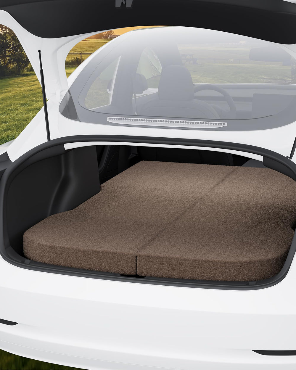 Zenzy Model 3 camping mattress top view highlights a 74x43 sleeping area for car travel.