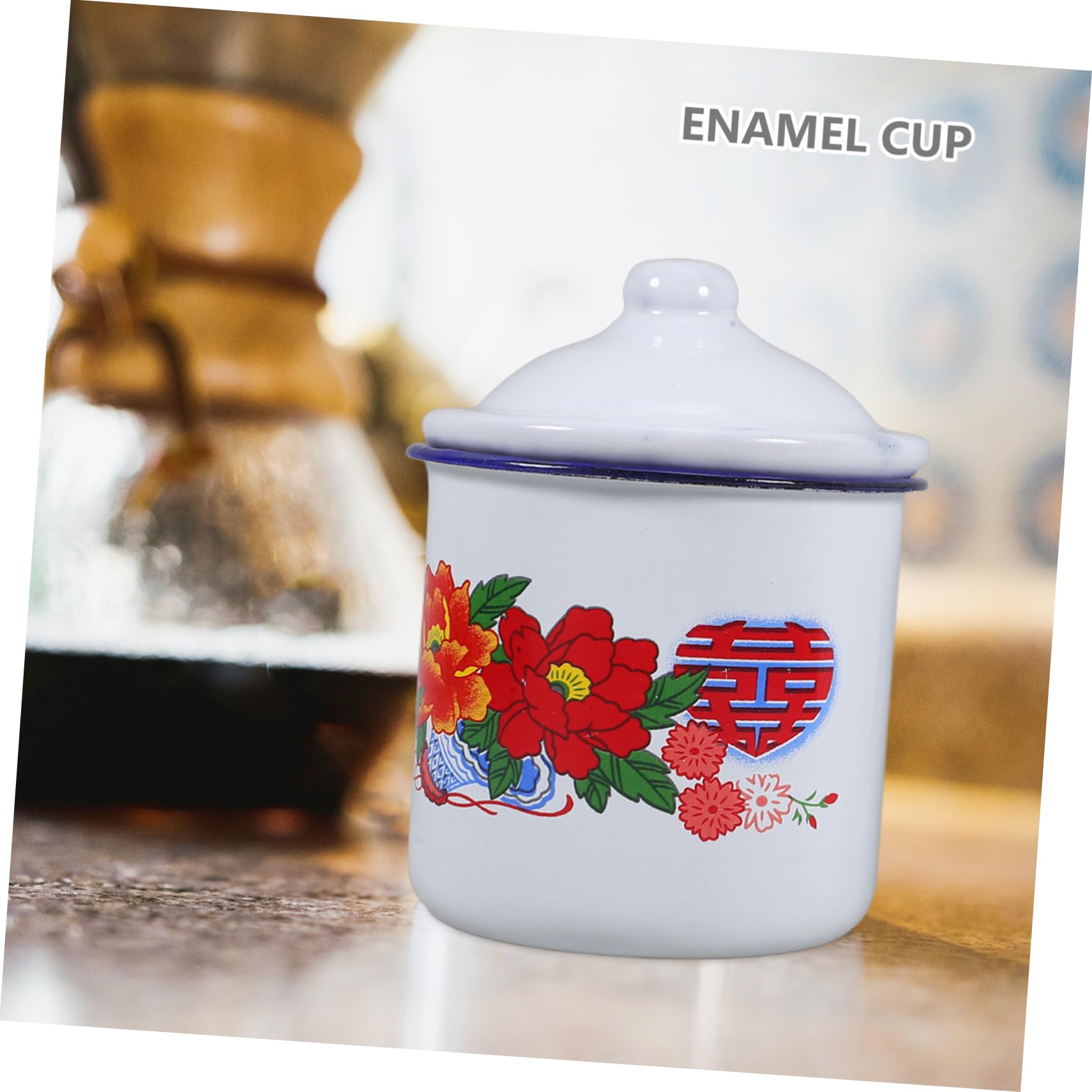 Vintage-look Zerodeko enamel teacups on rustic dining table