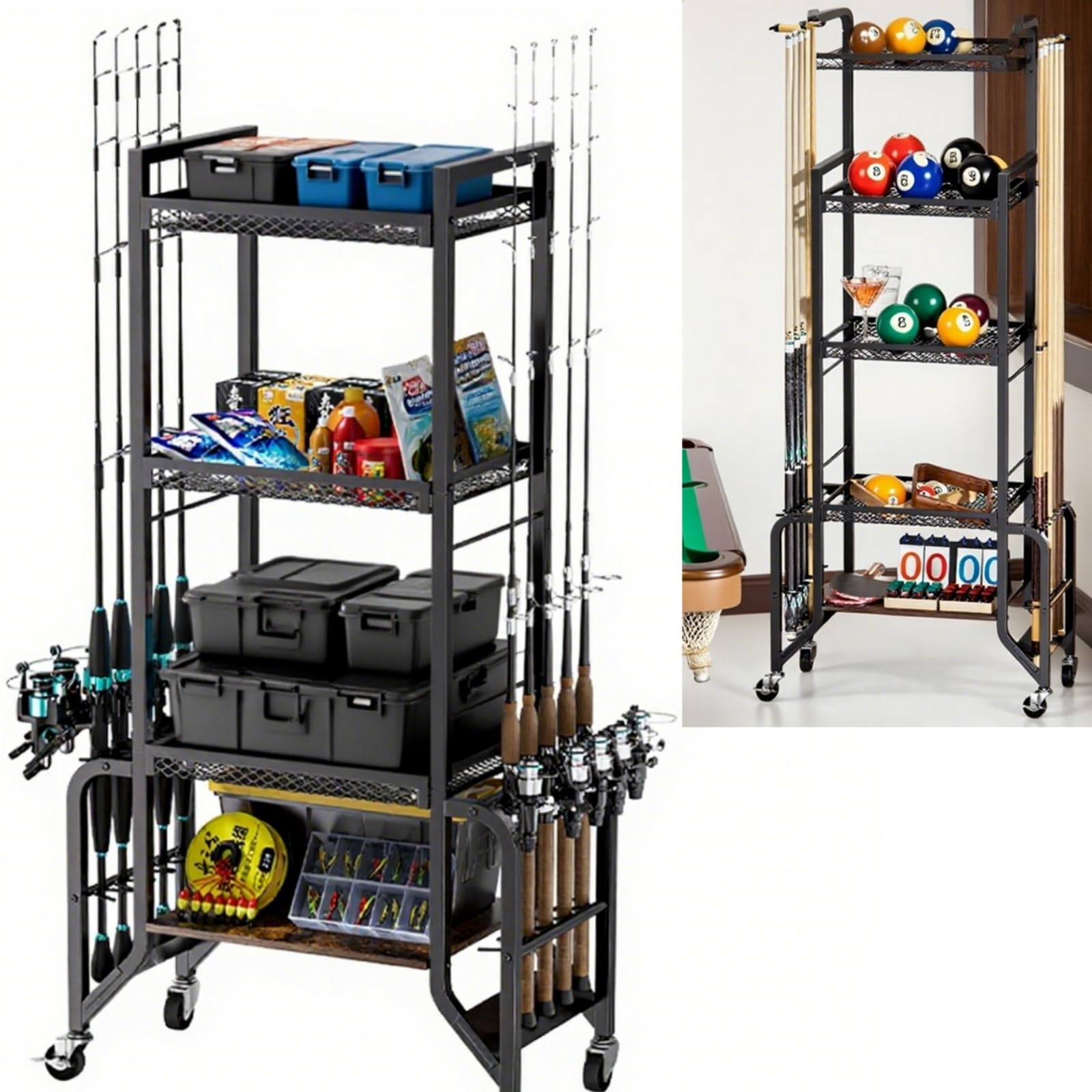 ZERTNROW 10-rod fishing gear storage unit with 4-tier shelves and wheels