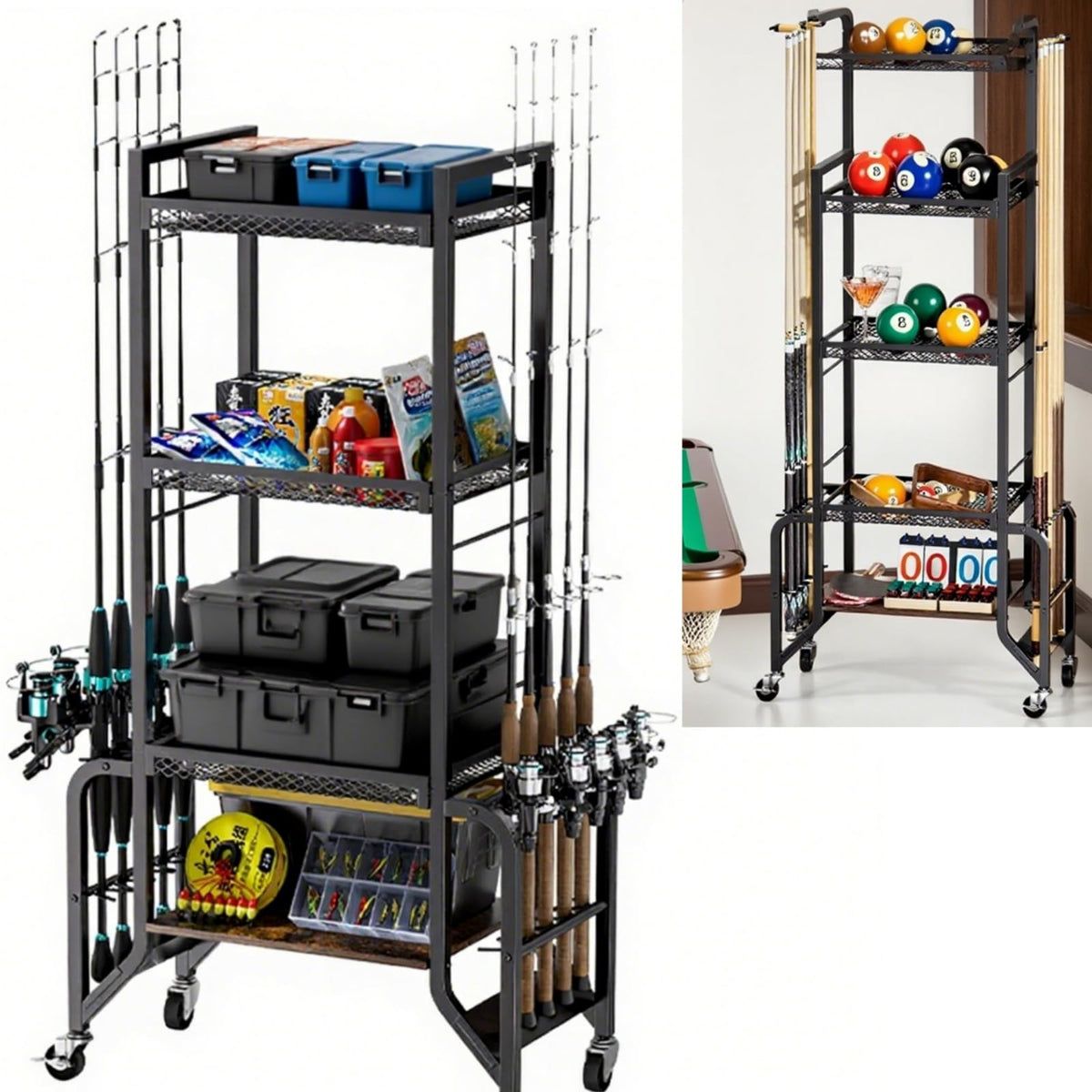 ZERTNROW 10-rod fishing gear storage unit with 4-tier shelves and wheels