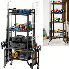 ZERTNROW 10-rod fishing gear storage unit with 4-tier shelves and wheels