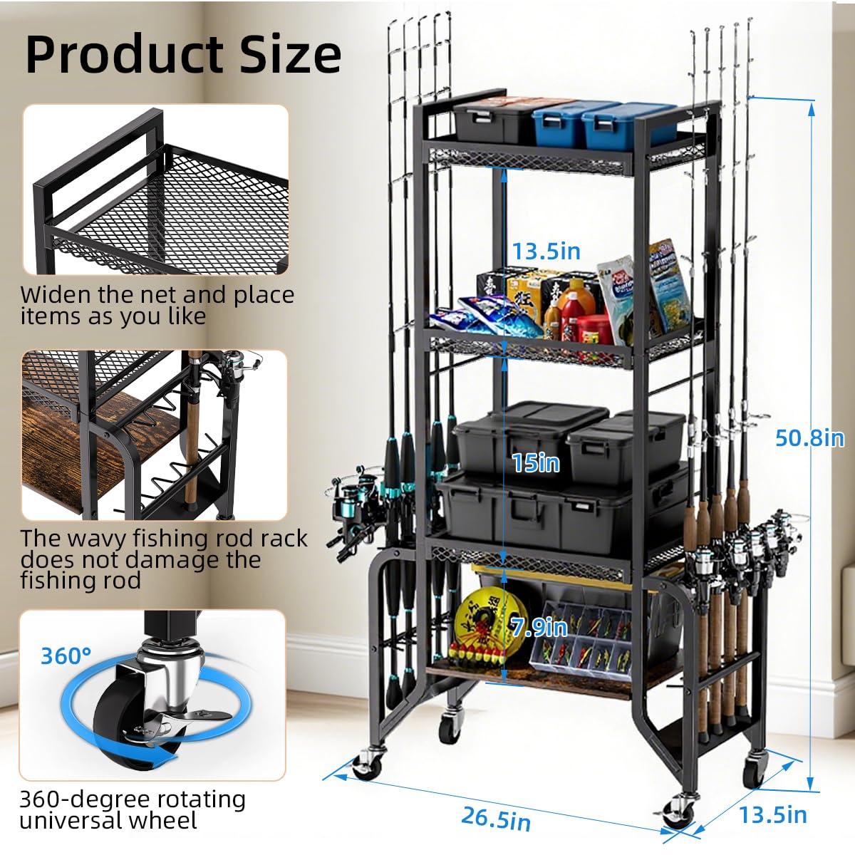Durable steel frame close-up of the fishing rod storage stand