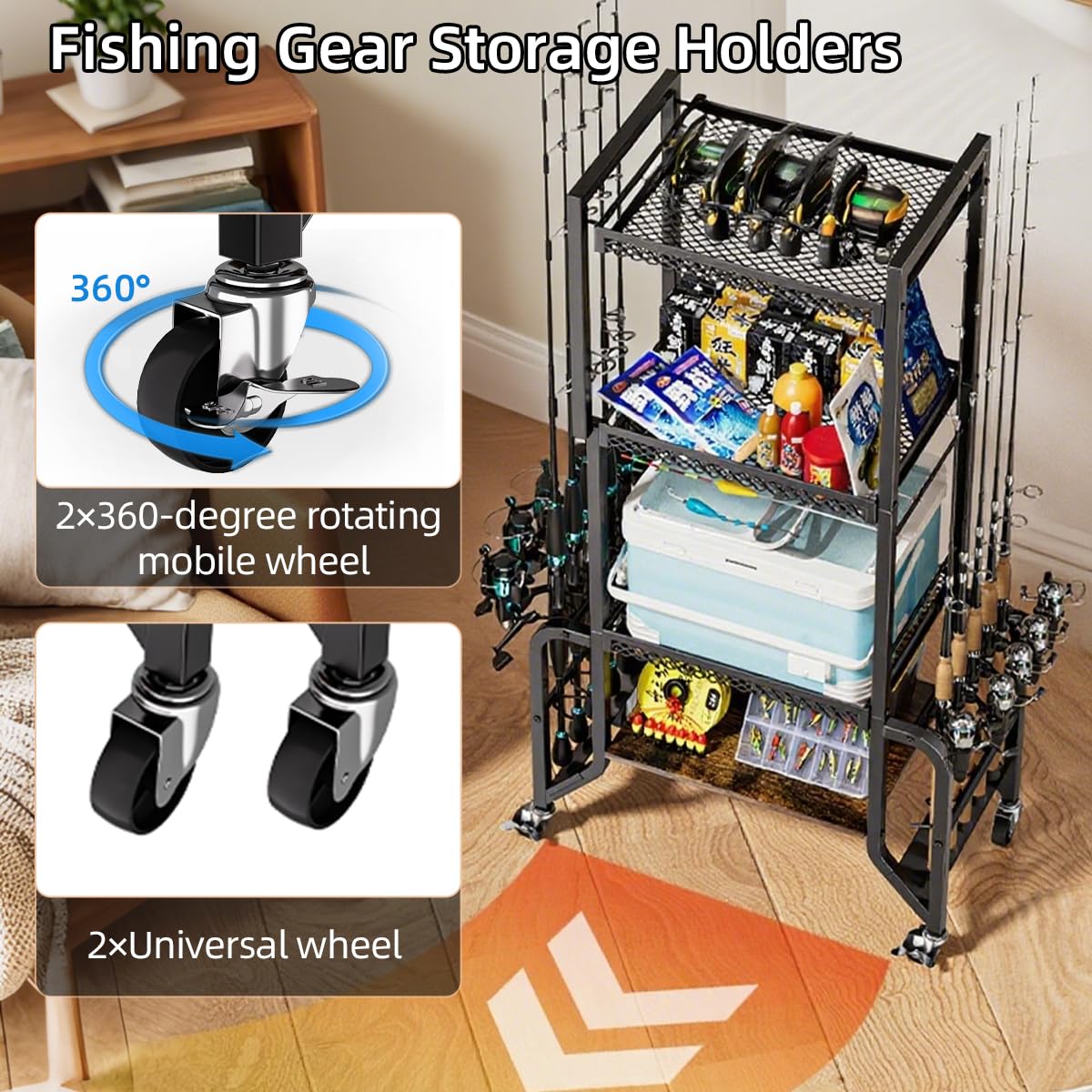 Rods, tackle boxes and reels organized on the shelves