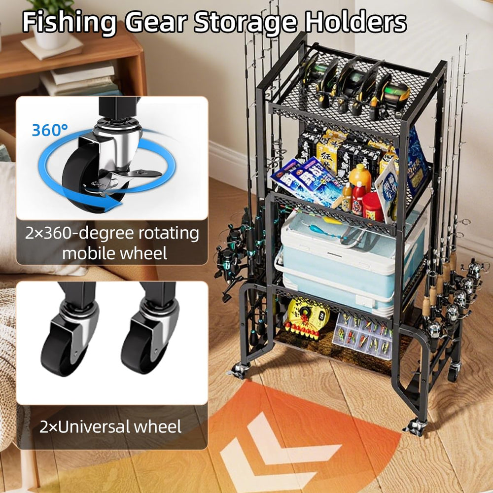 Rods, tackle boxes and reels organized on the shelves