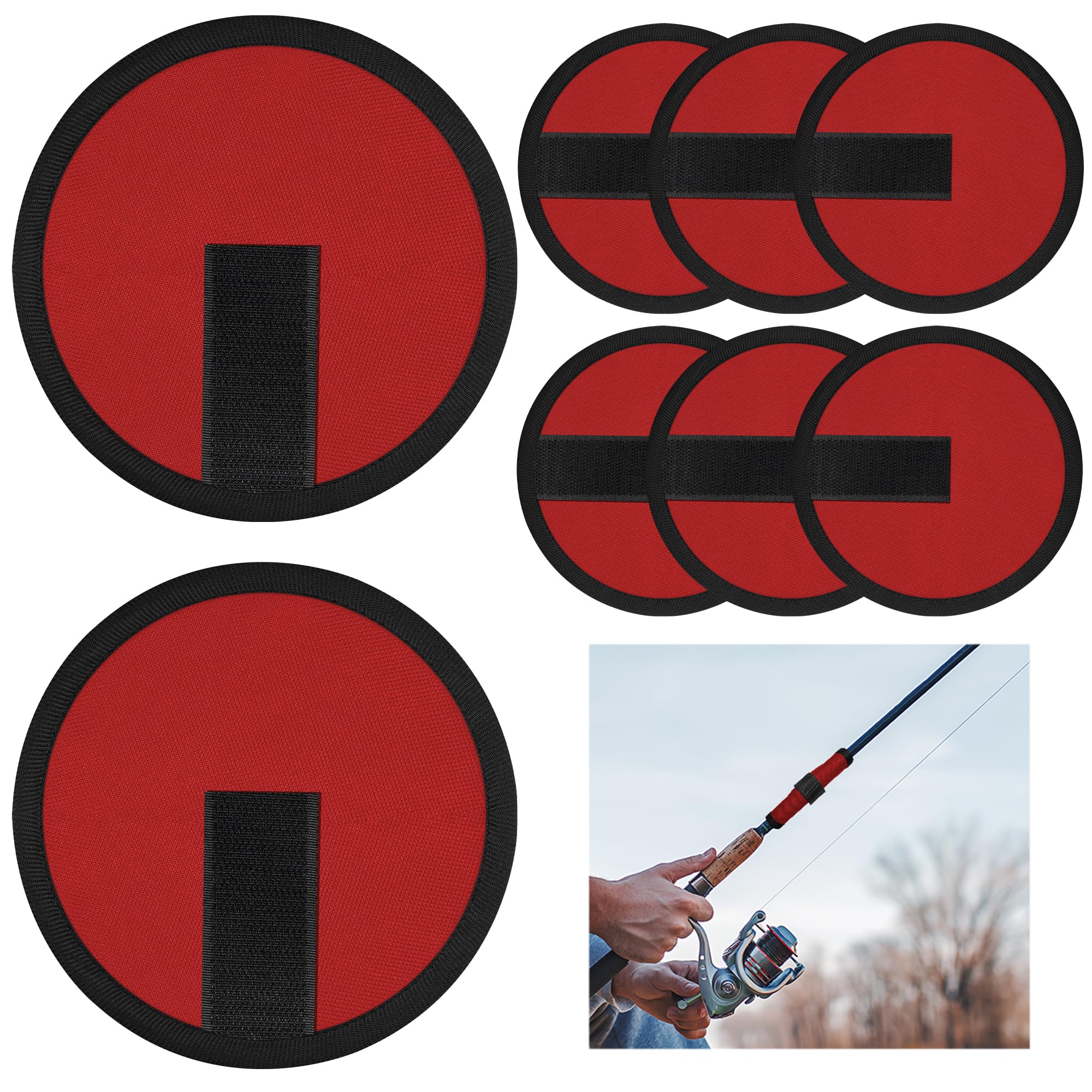 Eight red fishing covers (6 inches) displayed together
