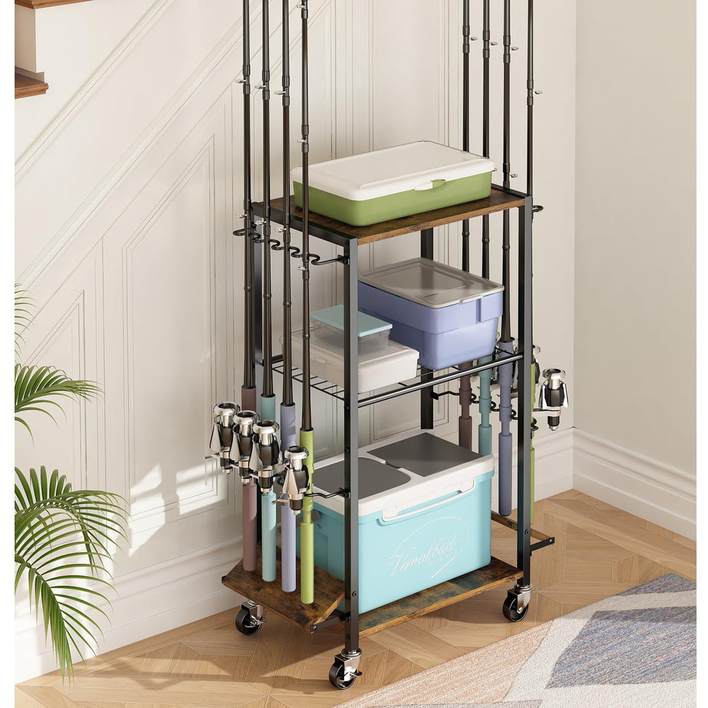 ZHOOGE fishing rod holders for garage holding up to eight rods on a sturdy iron and wood rack
