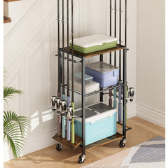 ZHOOGE fishing rod holders for garage holding up to eight rods on a sturdy iron and wood rack