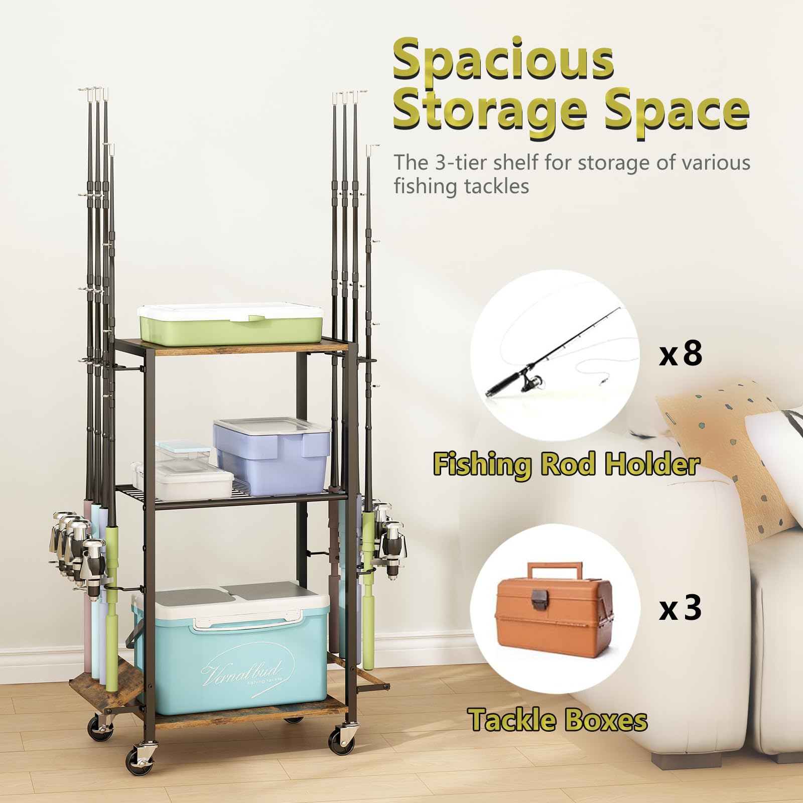 Close-up of 360° wheels and lockable caster on the fishing rod storage rack
