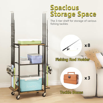 Close-up of 360° wheels and lockable caster on the fishing rod storage rack