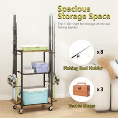 Close-up of 360° wheels and lockable caster on the fishing rod storage rack