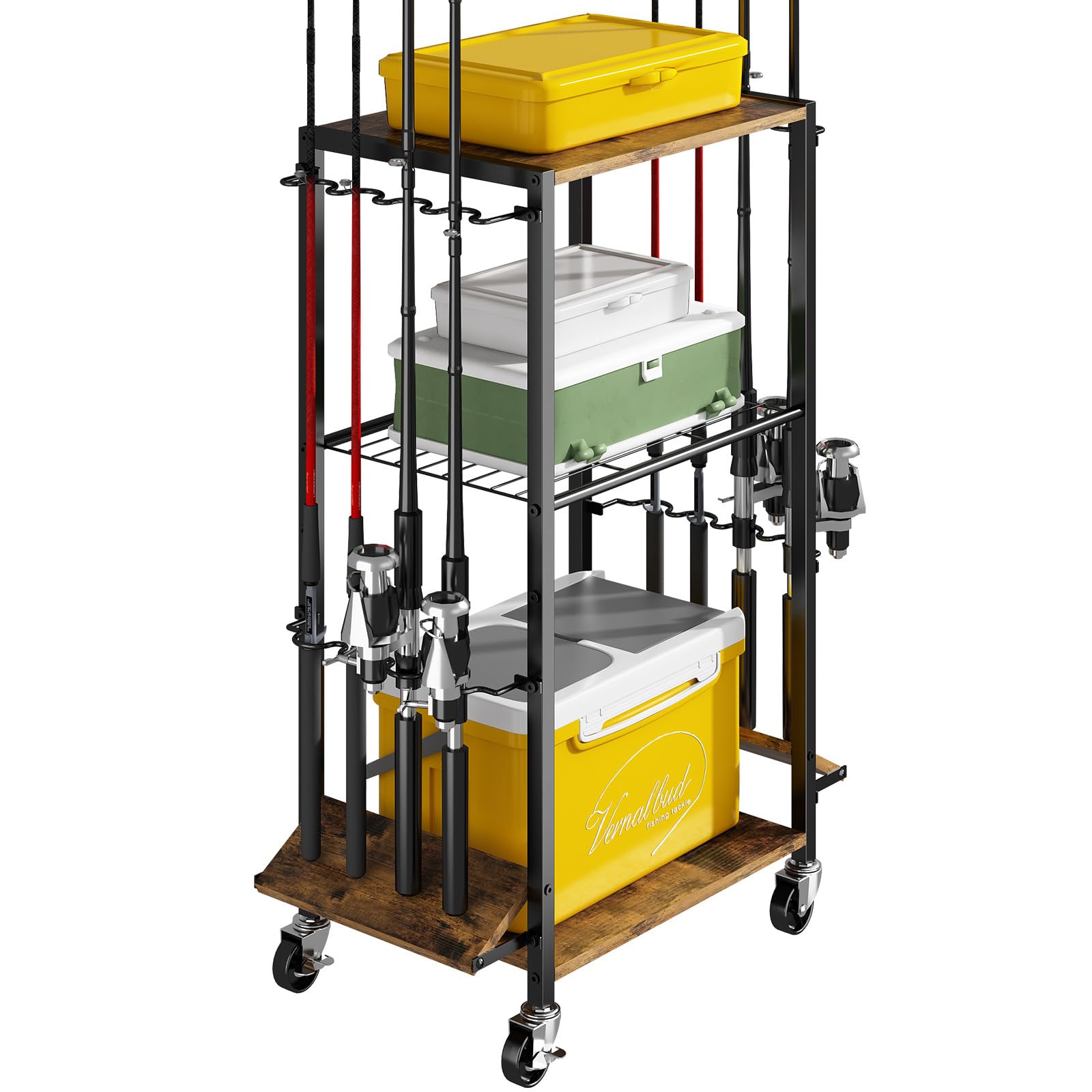 Vertical, space-saving design optimizes garage storage for fishing gear