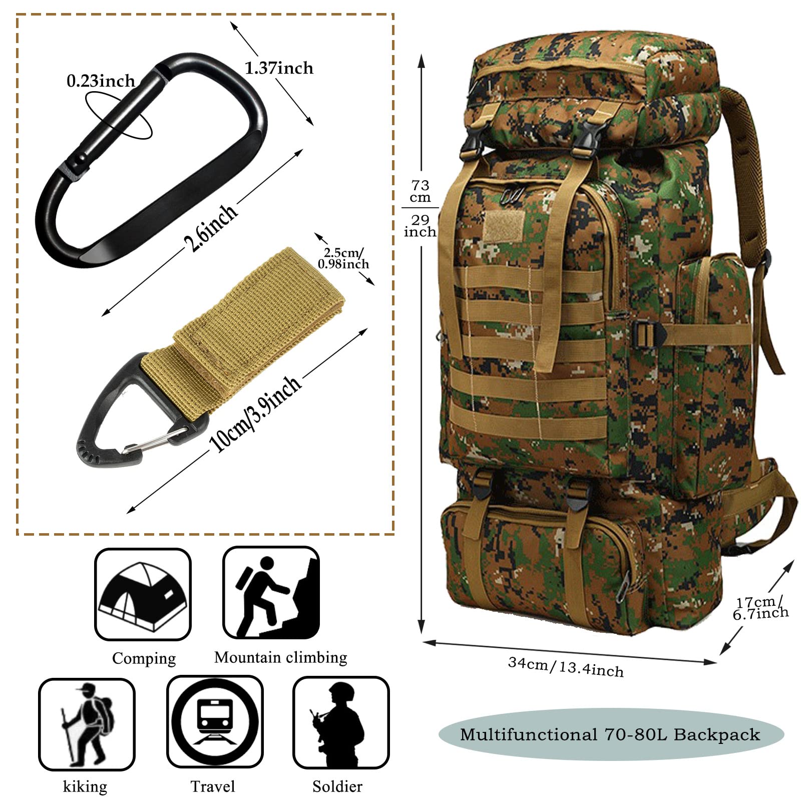 Ziliyy 70L hiking backpack front pocket keeps essentials within easy reach.