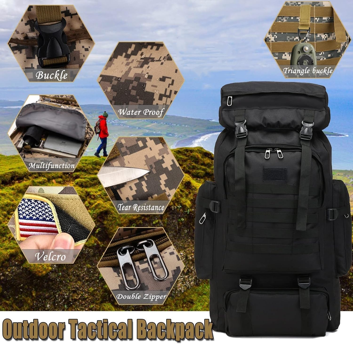 Ziliyy 70L hiking backpack front pocket keeps essentials within easy reach.