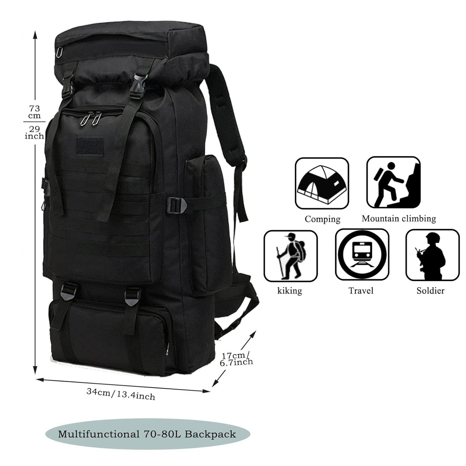 Ziliyy 70L hiking backpack laptop compartment protects devices during travel.