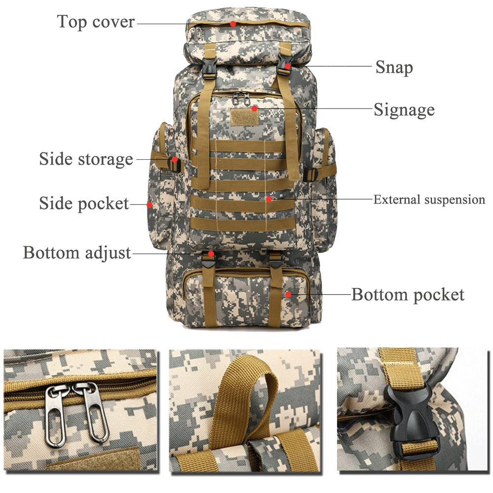 Ziliyy 70L hiking backpack MOLLE system enables modular gear attachment.