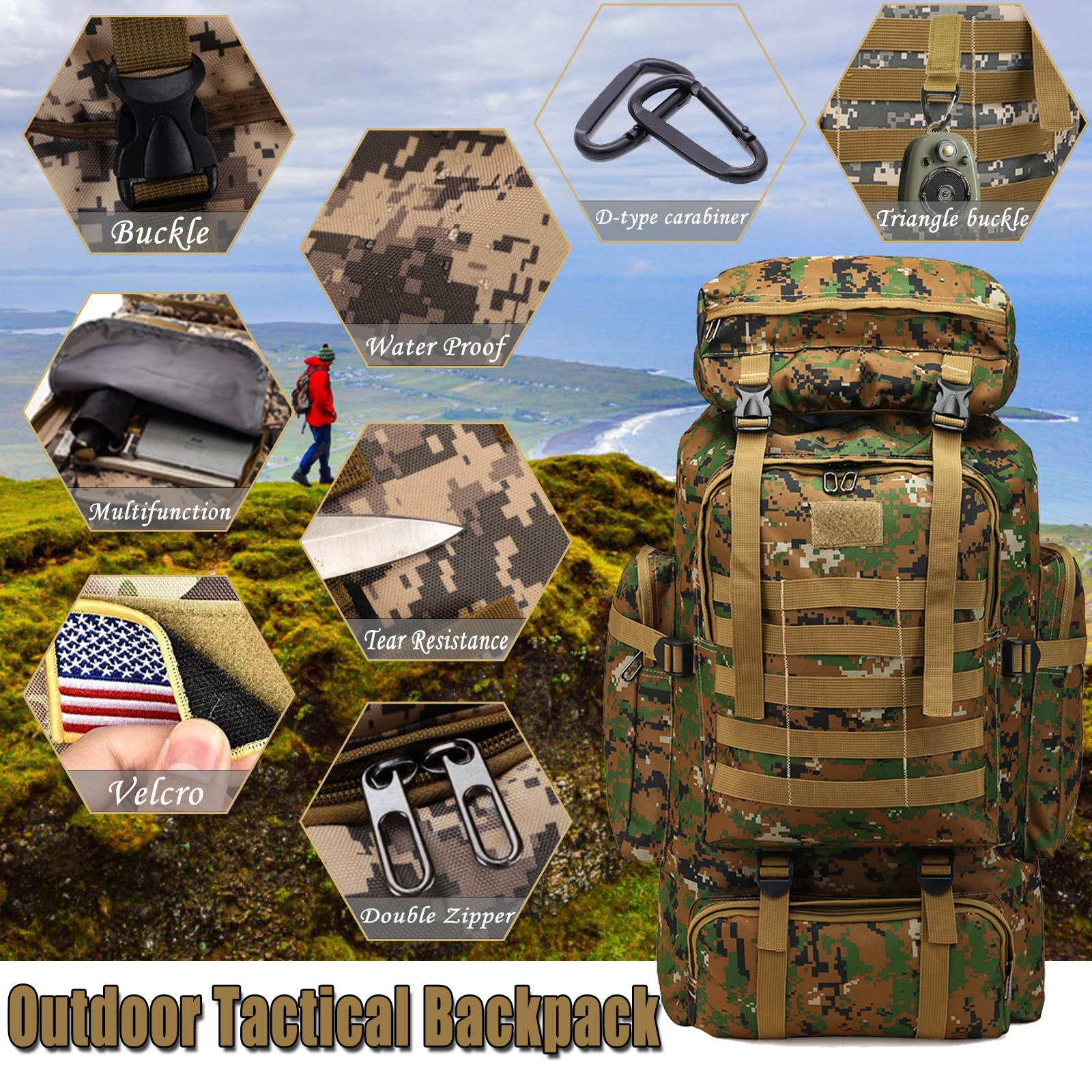 Ziliyy 70L hiking backpack side pockets organize water bottles and tools.