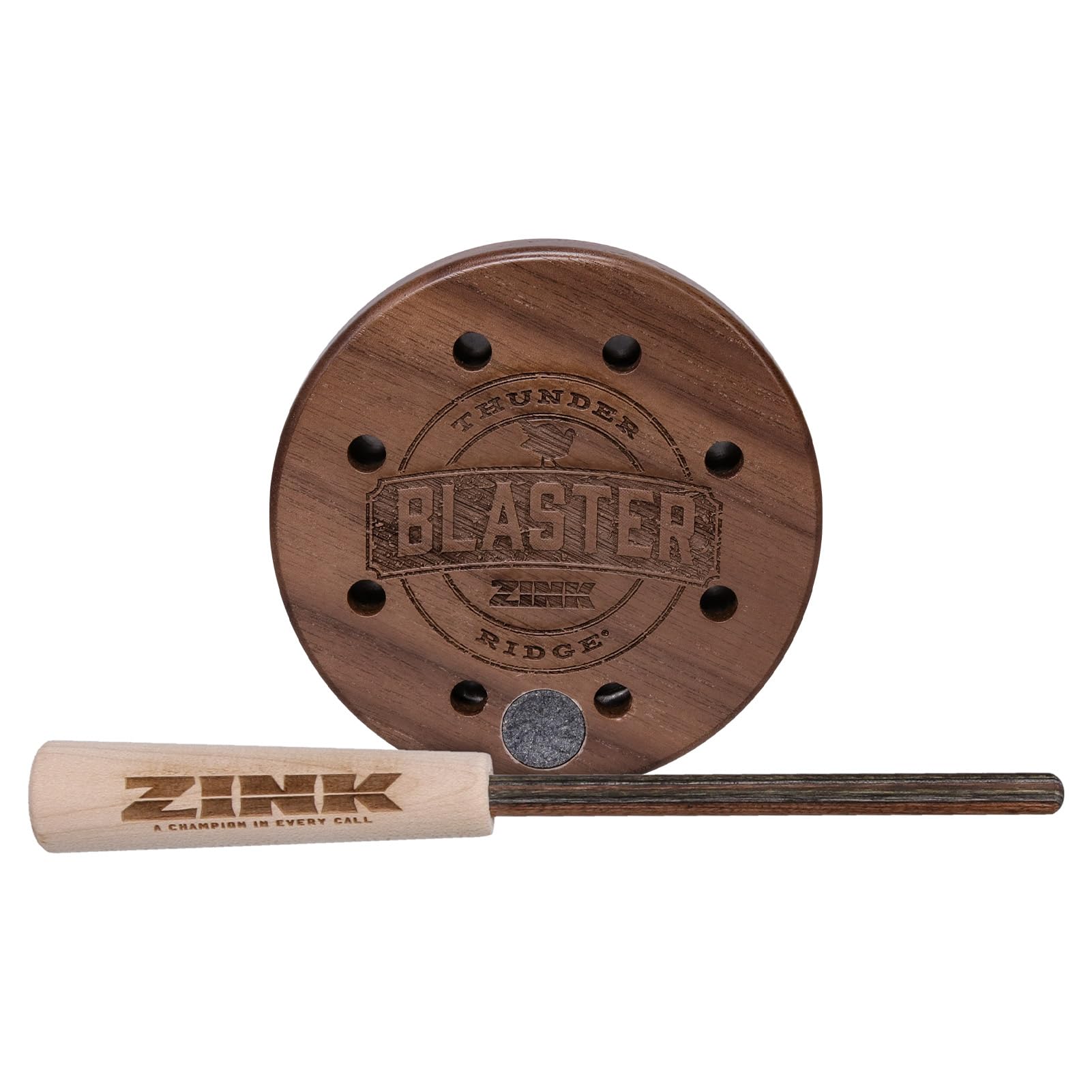 Zink Calls Thunder Ridge Blaster walnut pot call with textured aluminum for precise turkey sounds.