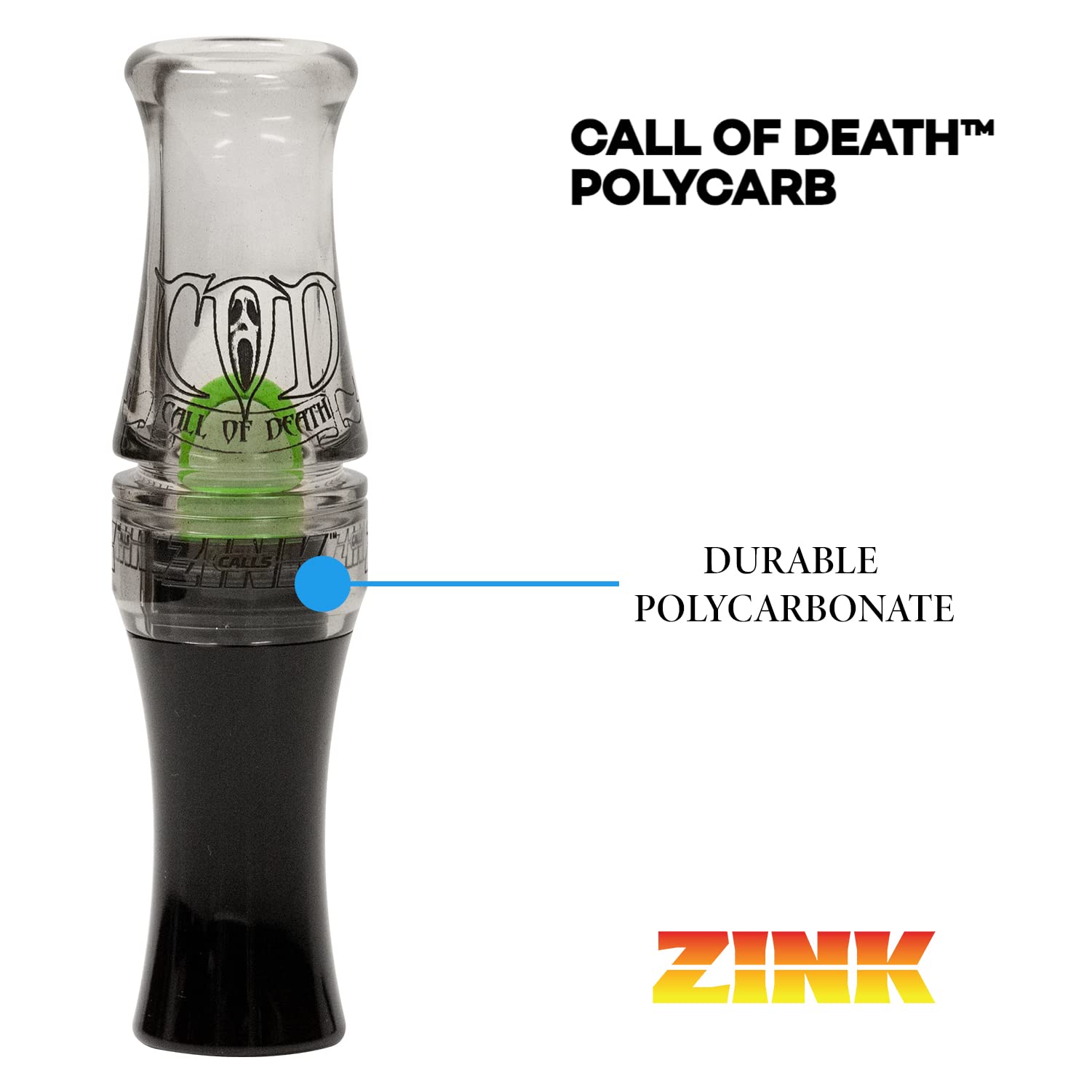 Zink COD polycarb closeup of straight bore mouthpiece enabling high-volume goose calls.