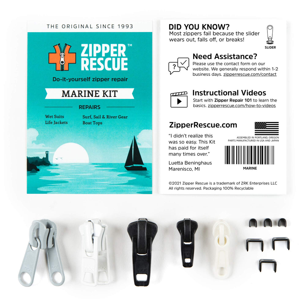 Zipper Rescue kit showing three bottom stops for secure endings